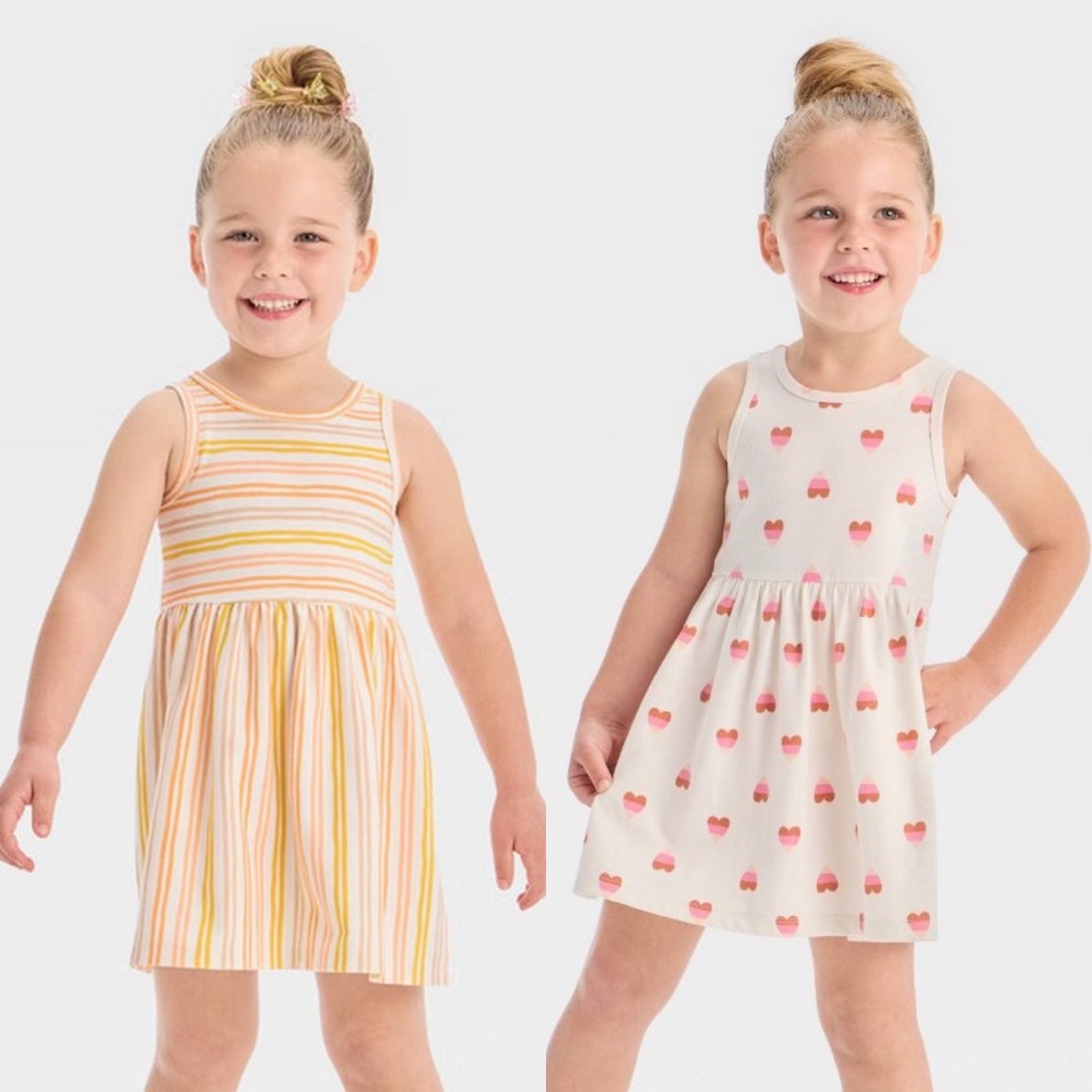 Lot of 2 Cat & Jack Girls 5T Sleeveless Summer Dress Hearts & Orange Stripes